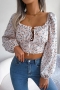 exquisite slight stretch chiffon floral printing square-neck lace-up crop blouse_White