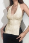 sexy plus size 2 colors knitted halter-neck all-match tank top_White_Beige
