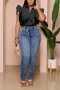 casual plus size non-stretch solid color single breasted ruffles sleeve shirt_Black