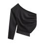 sexy non-stretch pleated irregular one-shoulder all-match shirt size run small_Black