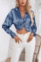casual plus-size non-stretch satin suit collar simple blouses_Black_White_Magenta_Green_Blue