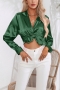 casual plus-size non-stretch satin suit collar simple blouses_Black_White_Magenta_Green