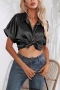 casual plus-size non-stretch satin breasted short roll sleeves blouses_Black
