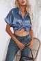 casual plus-size non-stretch satin breasted short roll sleeves blouses_Black_White_Red_Magenta_Blue