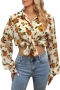 casual non-stretch chiffon flower batch printing lapel button blouses_Black_Beige