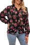 casual non-stretch chiffon flower batch printing lapel button blouses_Black