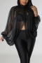 sexy plus size non-stretch chiffon see through bat sleeves blouse(only top)_Black