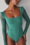 casual slight stretch mesh stitching bodysuit_Black_Green