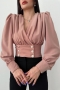 stylish plus size solid color non-stretch double-breasted shirring blouse_Black_White_Magenta_Khaki