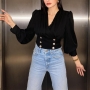 stylish plus size solid color non-stretch double-breasted shirring blouse_Black