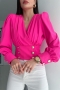 stylish plus size solid color non-stretch double-breasted shirring blouse_Black_White_Magenta