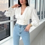 stylish plus size solid color non-stretch double-breasted shirring blouse_Black_White