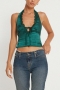 sexy non-stretch solid color lace halter neck backless zip-up hot vest_Black_White_Green