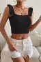 exquisite solid color stretch ruffle sling crop knitted vest_Black