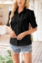 casual plus size non-stretch solid color lapel button blouses_Black