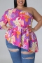 casual plus size slight stretch batch printing one shoulder belt top#2_Green_Multicolor