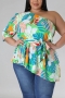 casual plus size slight stretch batch printing one shoulder belt top#2_Green