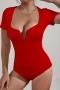 sexy slight stretch 4 colors low-cut v-wire short sleeve all-match bodysuit_Black_White_Red