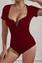 sexy slight stretch 4 colors low-cut v-wire short sleeve all-match bodysuit_Black_White_Red_Rose Red