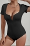 sexy slight stretch 4 colors low-cut v-wire short sleeve all-match bodysuit_Black