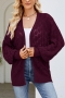 stylish knitted stretch solid color hollow long sleeve loose cardigan sweater_Rose Red