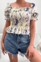 casual slight stretch batch printing square neck blouses_Gray_Rose Red_Yellow