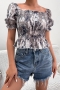 casual slight stretch batch printing square neck blouses_Gray_Rose Red_Yellow_Brown