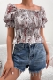 casual slight stretch batch printing square neck blouses_Gray_Rose Red