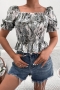 casual slight stretch batch printing square neck blouses_Gray