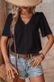 casual slight stretch hollow loose button lace decor blouses_Black