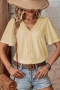 casual slight stretch hollow loose button lace decor blouses_Black_White_Pink_Light Pink_Yellow