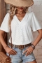 casual slight stretch hollow loose button lace decor blouses_Black_White