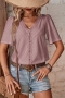 casual slight stretch hollow loose button lace decor blouses_Black_White_Pink