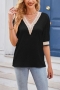 stylish plus size non-stretch lace stitching 4 colors v-neck elbow sleeve blouse_Black