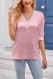 stylish plus size non-stretch lace stitching 4 colors v-neck elbow sleeve blouse_Black_White_Light Pink