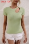 stylish slight stretch thin knitted 2 colors hollow short sleeve top(only top)_Light Green