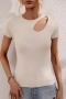 stylish slight stretch thin knitted 2 colors hollow short sleeve top(only top)_Light Green_Beige