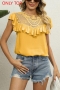exquisite plus size slight stretch 5 colors ruffle mesh embroidery top(only top)_White_Pink_Yellow
