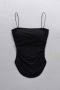 sexy slight stretch solid color shirring tank top(size run small)_Black