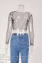 sexy slight stretch pearl rhinestone mesh see-through all-match top_Black