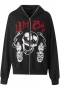 casual non-stretch skull print rhinestone zip-up pocket loose hoodie_Black
