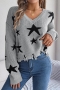 stylish slight stretch pentagram graphic knitted raw hem all-match sweater_Gray