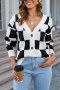 casual slight stretch checkered knitted 2 colors v-neck all-match sweater_Black