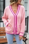 casual slight stretch colorblock knitted 4 colors v-neck all-match sweater_Black_White_Pink