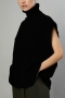 casual slight stretch solid high collar loose short sleeve knitted sweater_Black