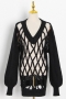 sexy slight stretch loose solid color hollow knit v-neck sweater(only sweater)_Black