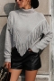stylish slight stretch knitted 4 colors turtleneck tassel sweater(only top)_Black_Gray