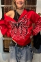casual plus size slight stretch spider print hooded zip-up sweatshirt_Black_Red