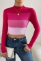 exquisite slight stretch contrast color ribbed knit crew neck crop sweater_Magenta