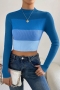 exquisite slight stretch contrast color ribbed knit crew neck crop sweater_Magenta_Blue